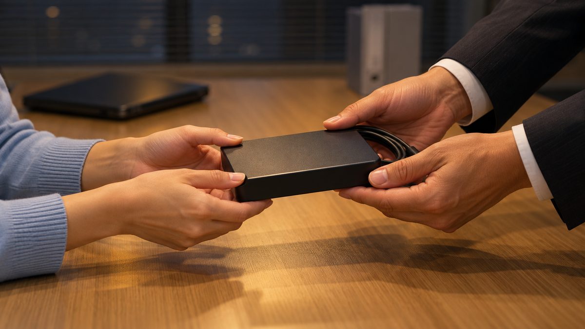 契約終了時に外付けハードディスクを外部の担当から社内の担当へ手渡す場面