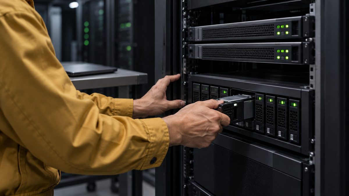 サーバーラックのバックアップ装置にディスクのトレイを差し込む手元