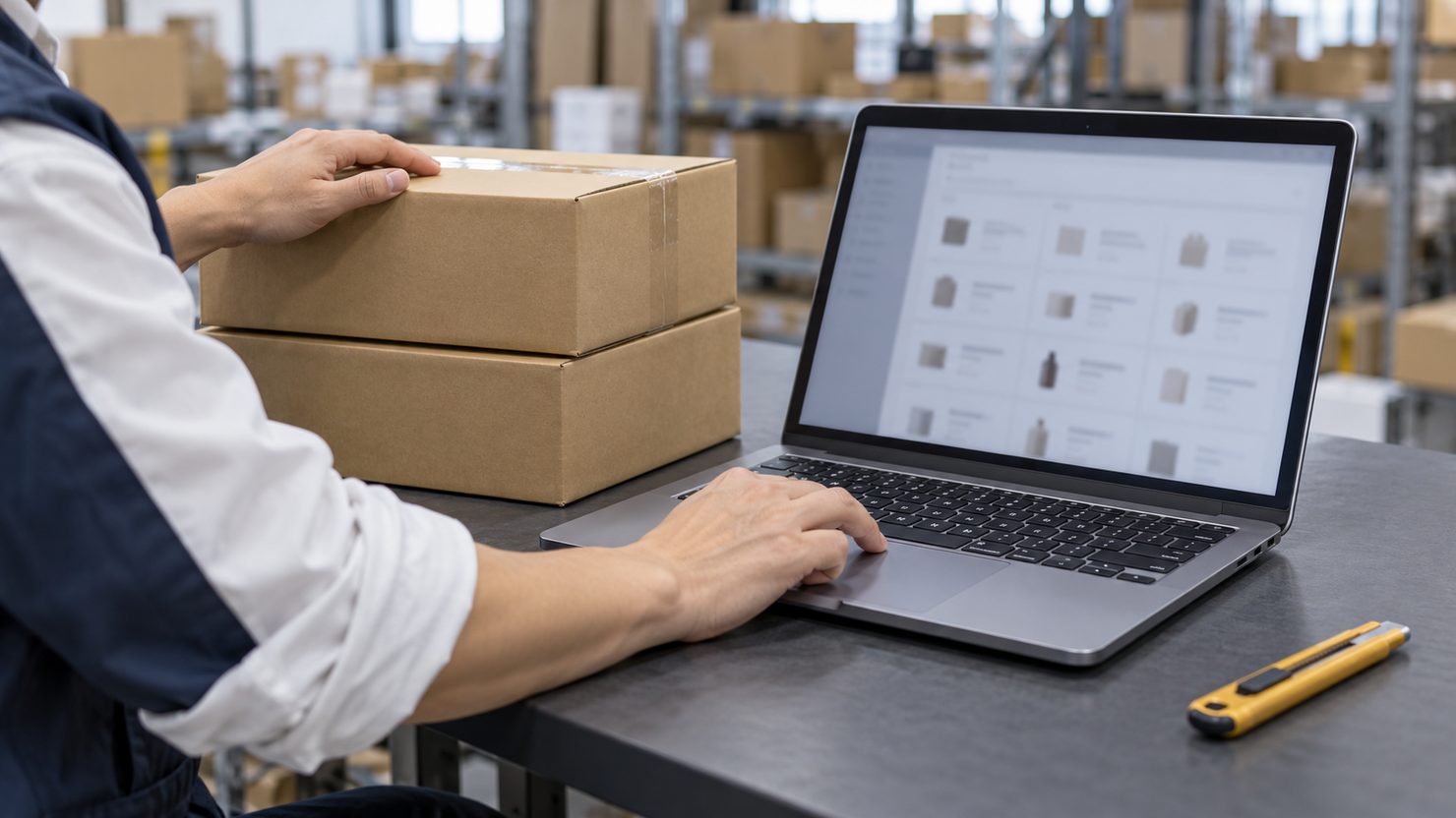出荷場の机で段ボール箱に手を添えノートPCの商品一覧を操作する担当者