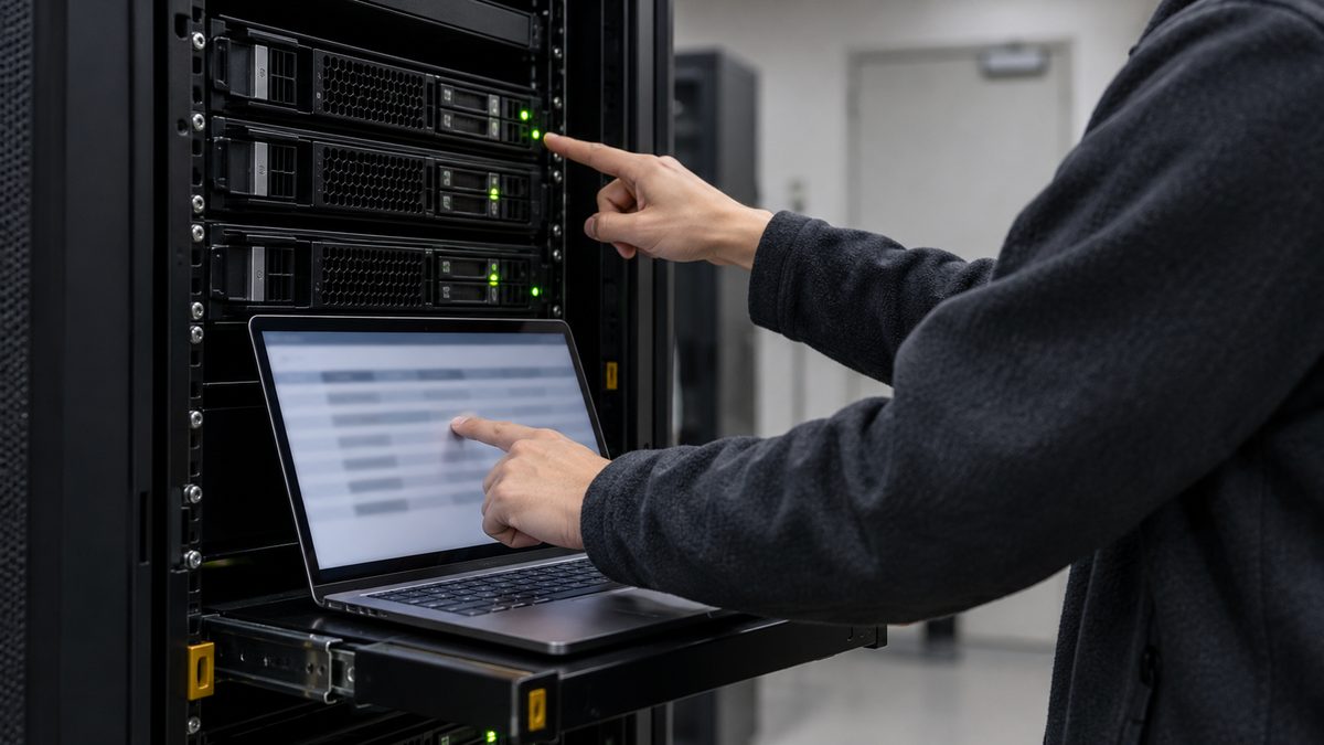 サーバーラックのランプを指しながら棚のノートPCの表と見比べる手元