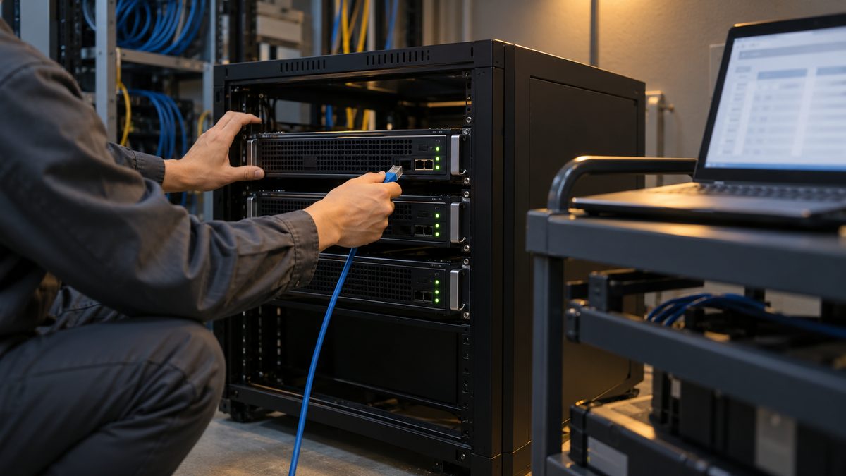小型ラックの薄型サーバーに青いLANケーブルを差す技術者とワゴンのノートPC