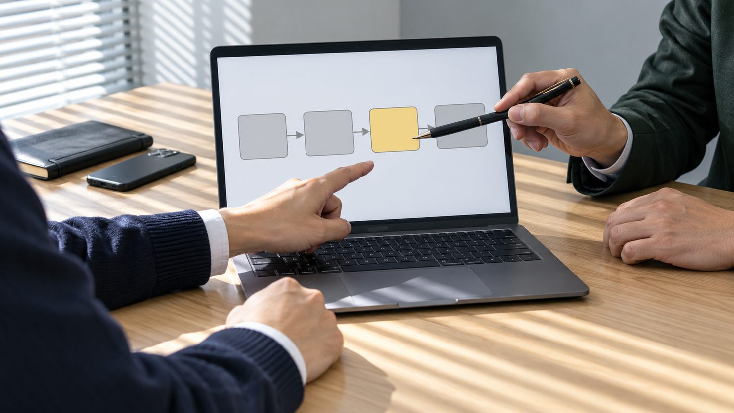 ノートPCの4つの四角の流れ図を指して分担を確かめる社内担当と外注先担当