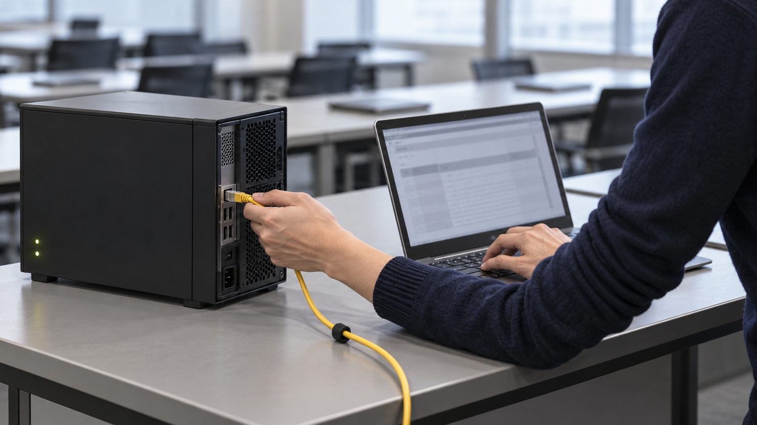 研修室の作業台で小型サーバーにLANケーブルを差しノートPCで設定する手元