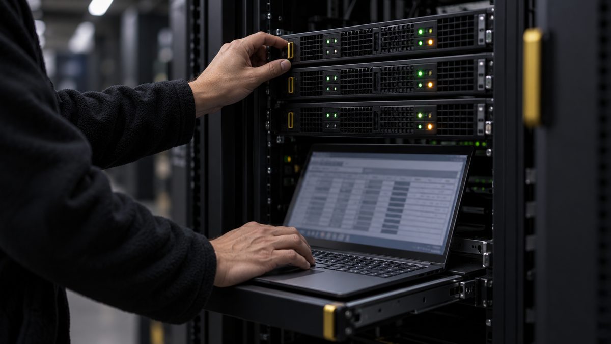 サーバー室でラックの薄型サーバーに手を添え引き出し棚のノートPCを操作する両手