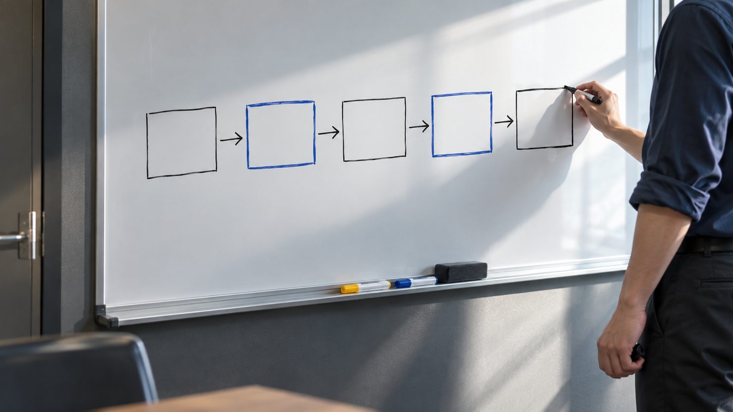 ホワイトボードに5つの四角と矢印を描き足す手