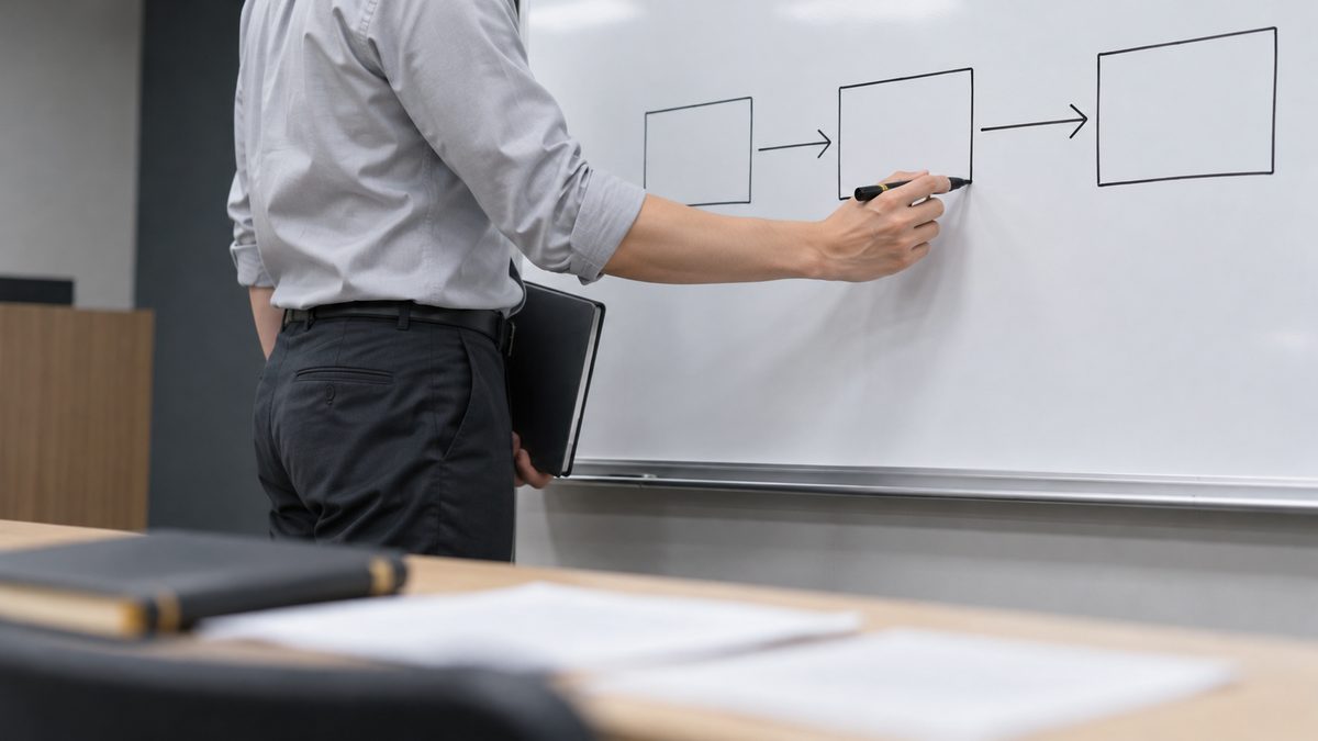 研修室でホワイトボードに四角と矢印を描いて説明する腕