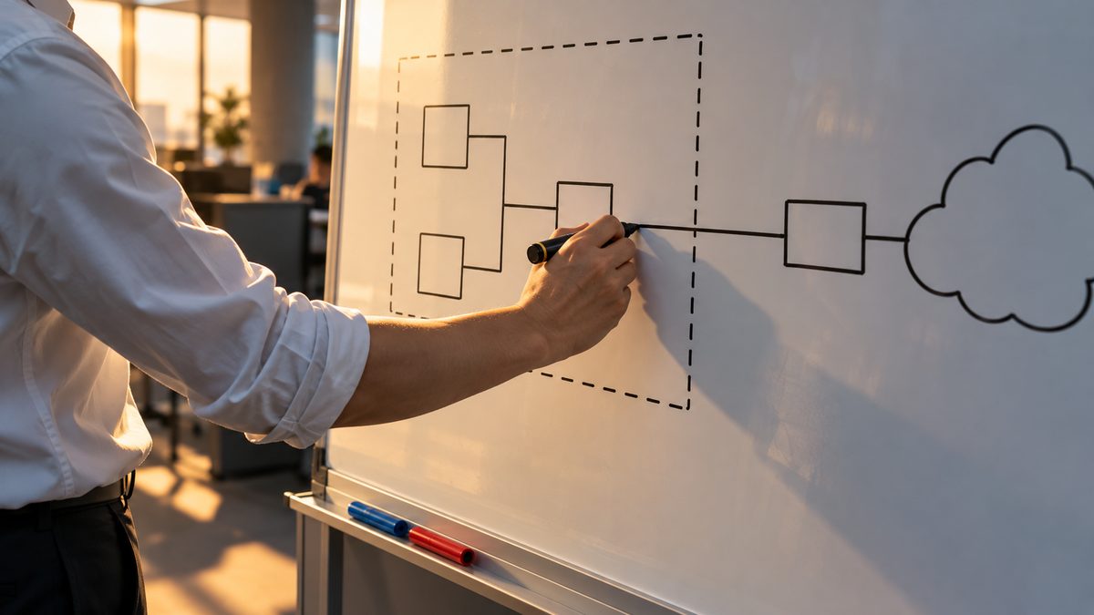 ホワイトボードに社内ネットワークの枠と外への線を描く手元