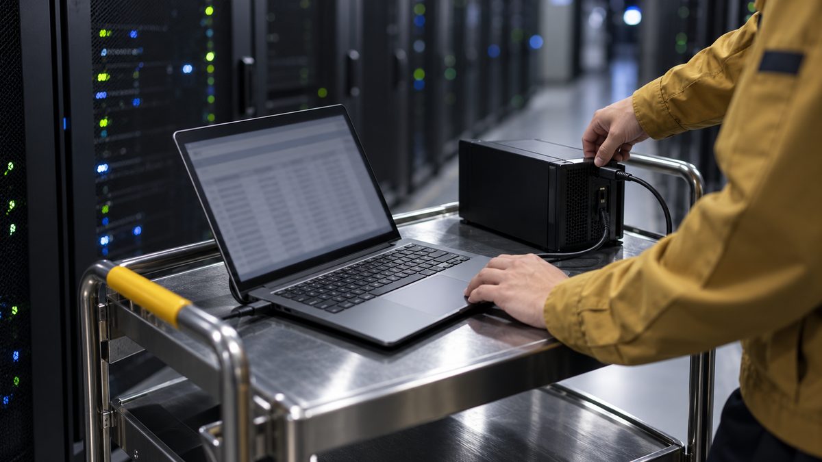 データセンターの通路で記憶装置にケーブルを差しノートPCで照合する技術者