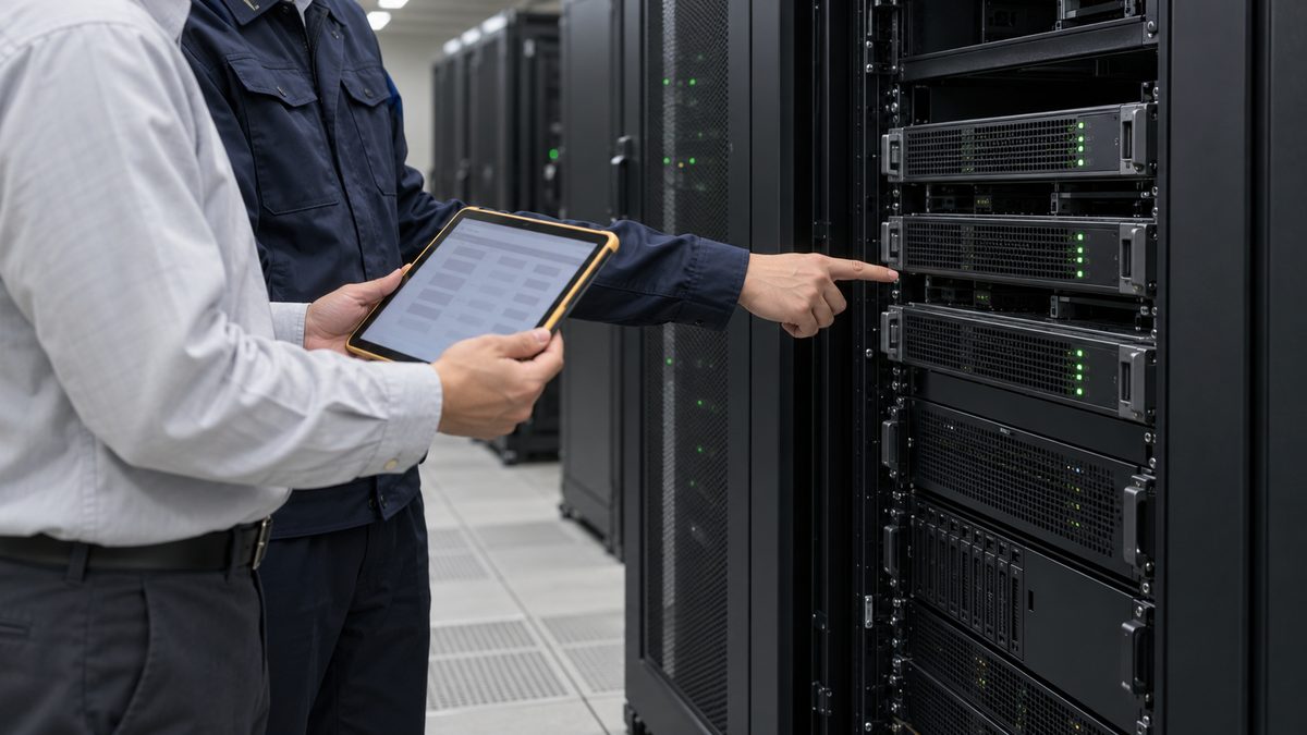 サーバー室でラックを指す外部技術者とタブレットを見せる情シス担当