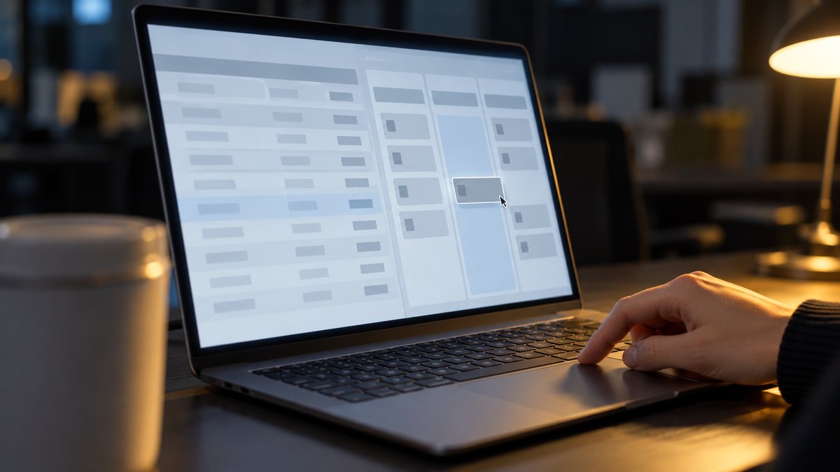 ノートPCで一覧の表と状態ごとの列を操作する夜の事務所の手元