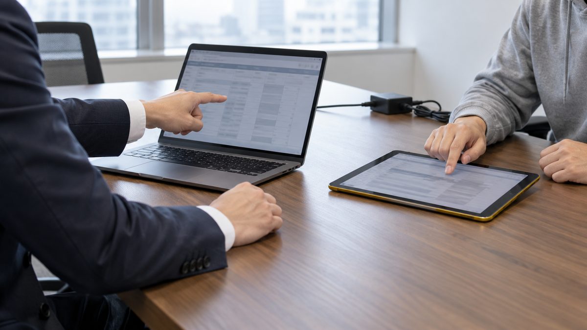 会議テーブルでノートPCとタブレットを指して確かめる発注側と技術者