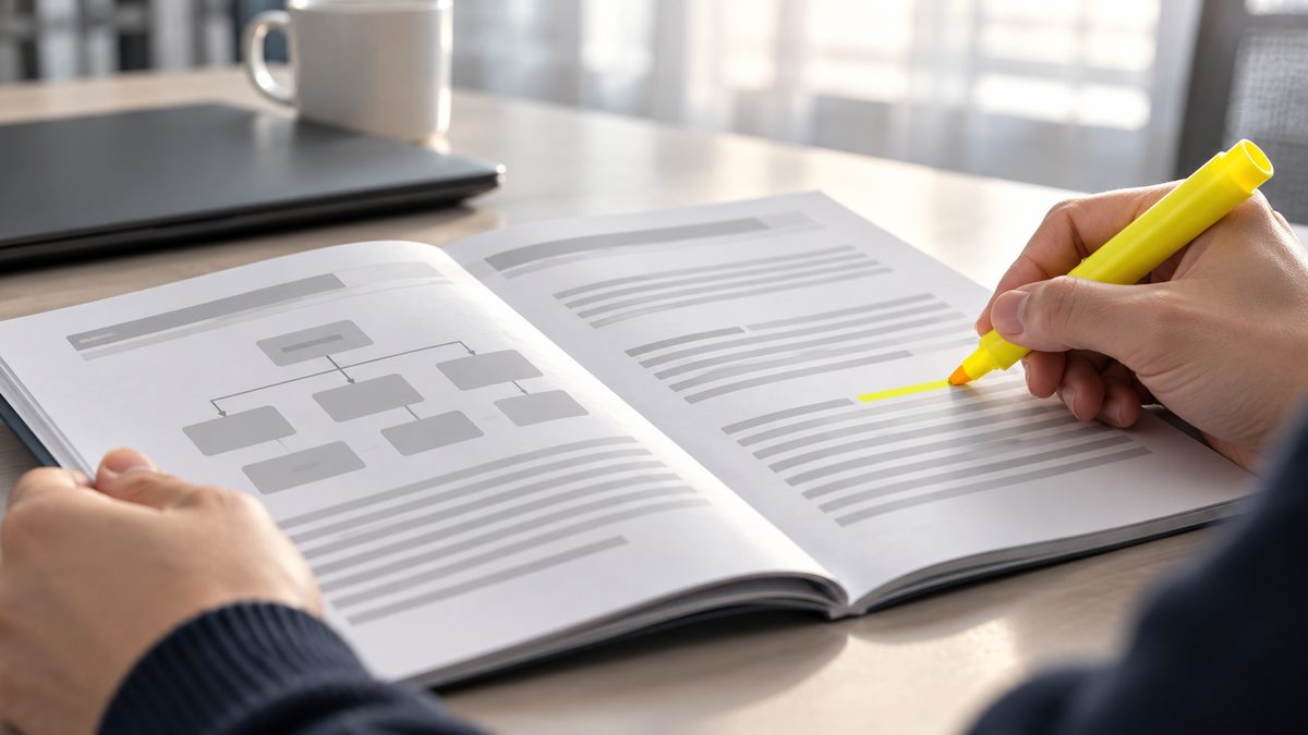 提案書の段落に蛍光ペンで線を引き始める手元