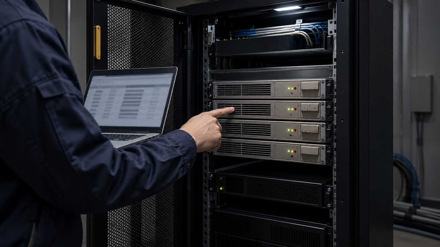 サーバー室で古いサーバーを指しながらノートPCの一覧と見比べる担当者