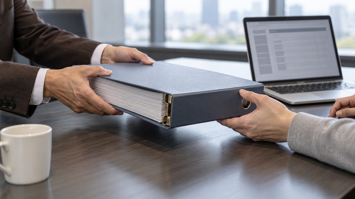 設計書のリングファイルを引き継ぎ先へ差し出す場面