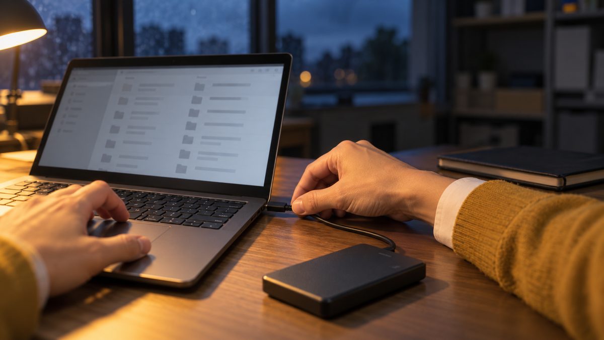 外付けSSDのケーブルをノートPCに差し込む手元