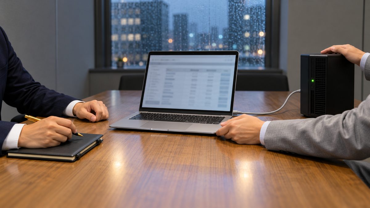 会議室でノートPCと小型サーバーを前に打ち合わせる外部技術者と社内担当