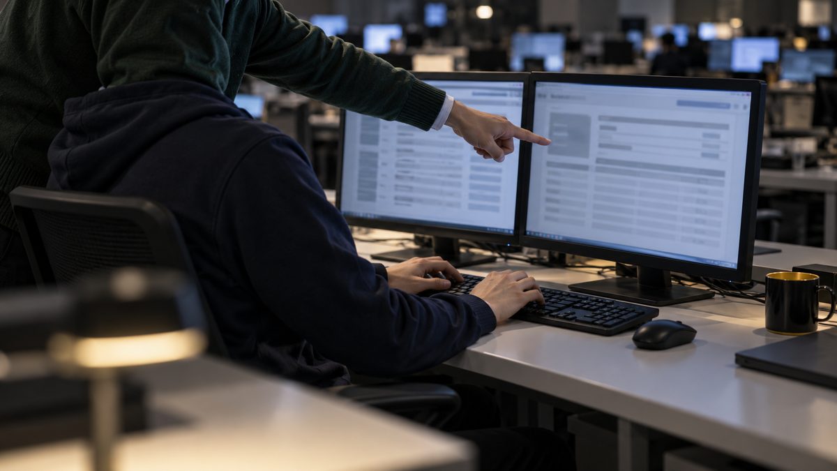 開発室でリーダーが技術者のモニターを指して作業を伝える場面