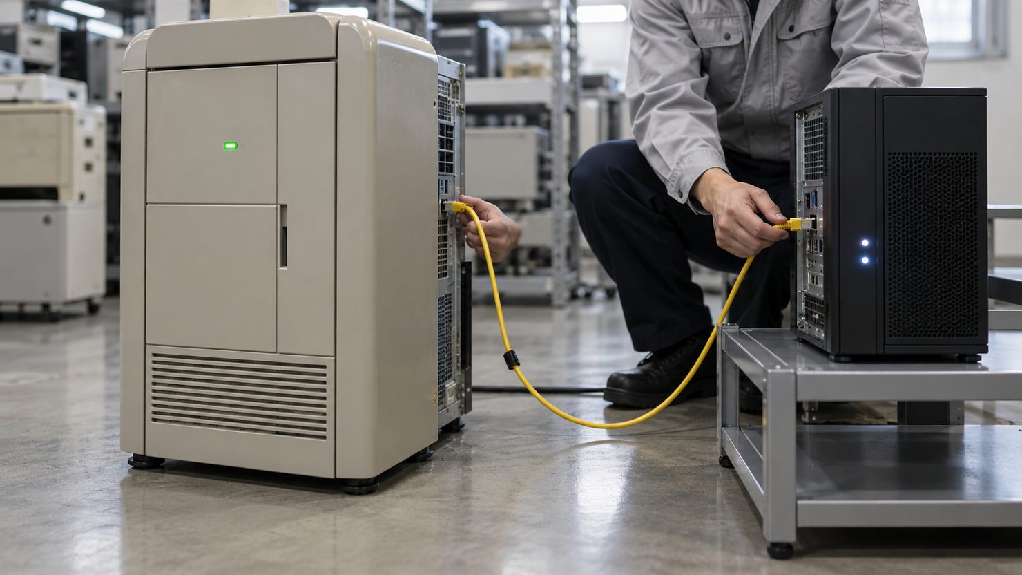 電算室で古い床置きのオフコンと新しい小型サーバーをLANケーブルでつなぐ担当者