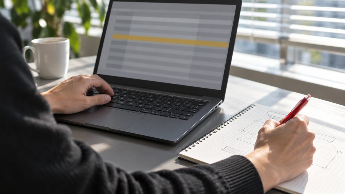 ノートPCで不具合を調べながら方眼ノートに赤ペンで書き込む技術者の手元