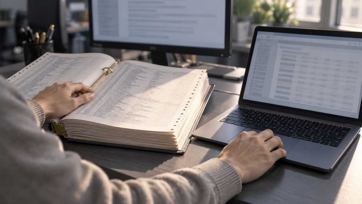 厚いプログラムの綴りとノートPCの表を見比べる手元
