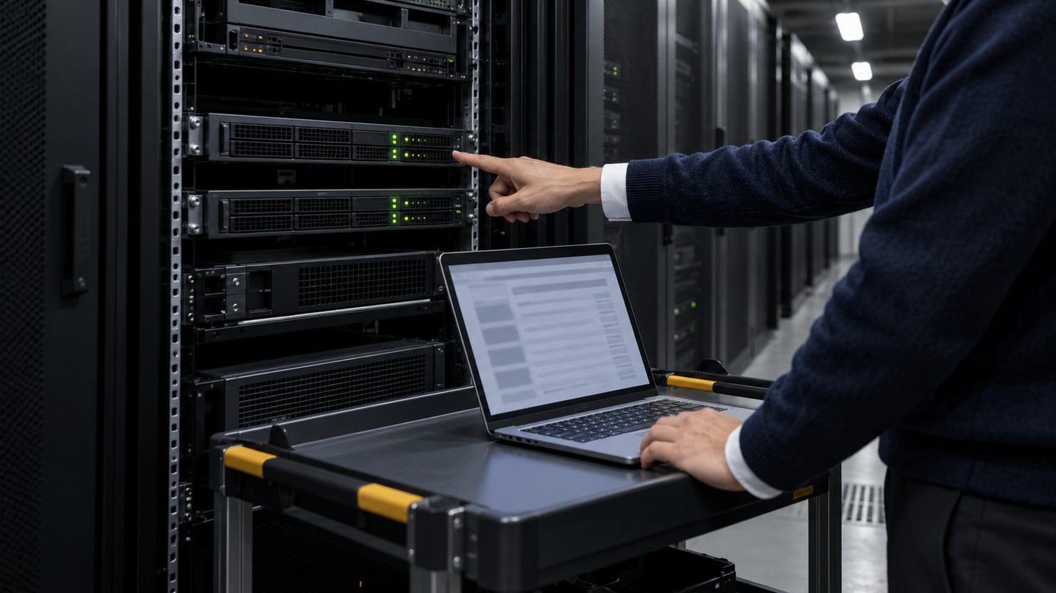 サーバー室でラックの古いサーバーを指しワゴンのノートPCと見比べる担当者