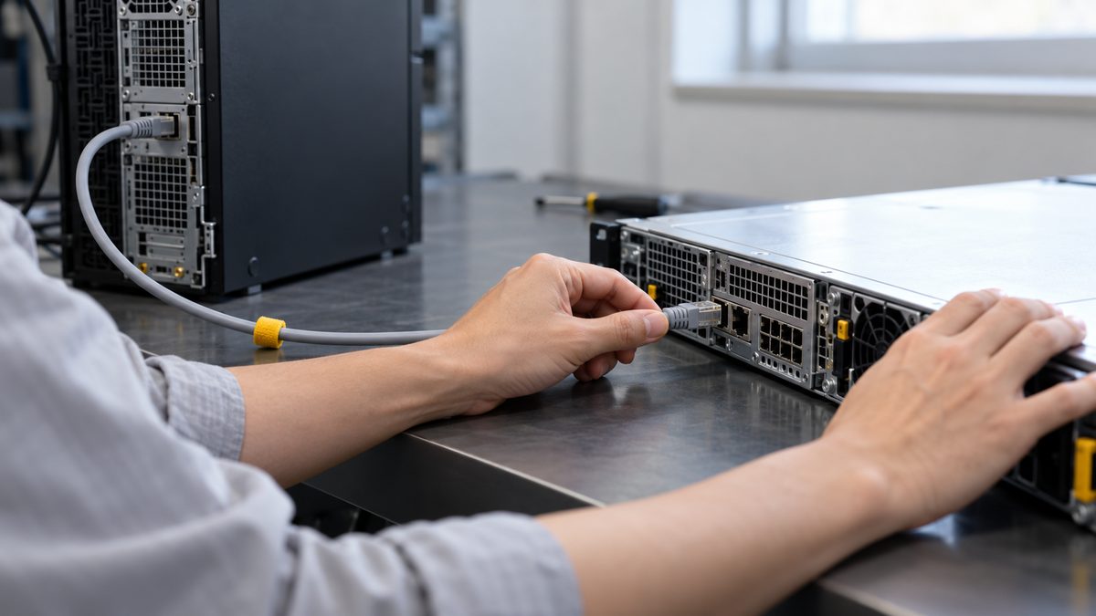 作業台で古い縦型サーバーから新しい薄型サーバーへLANケーブルを差す手元