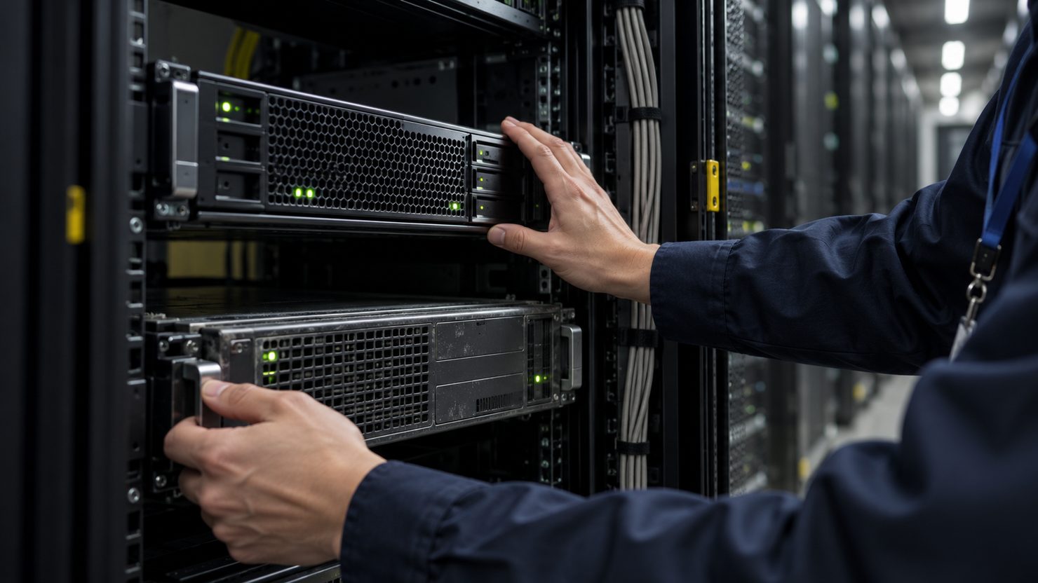 サーバー室で古いサーバーに手を掛け新しいサーバーをラックに押し込む担当者