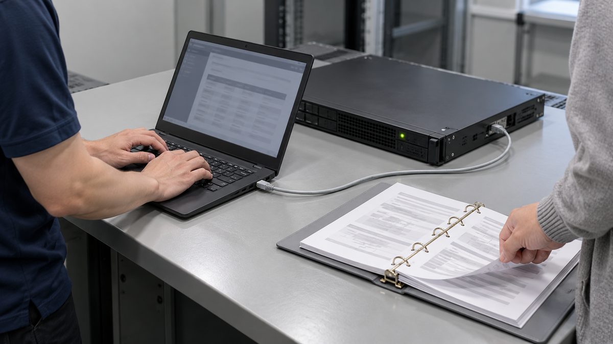 検証室でノートPCをつないで試験する技術者とバインダーをめくる発注側