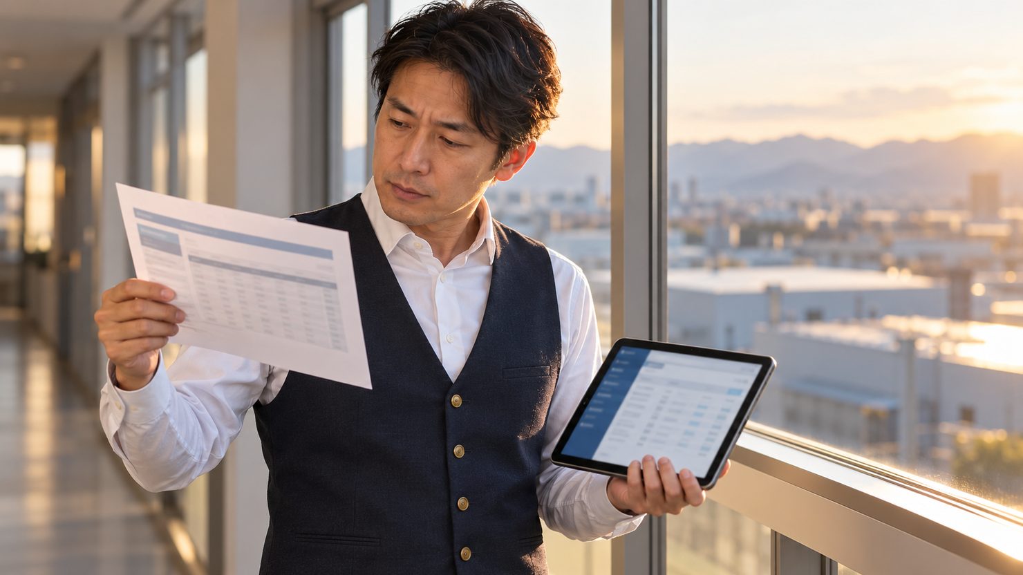 窓ぎわで印刷した基幹システムの画面とタブレットを見比べて考える担当者