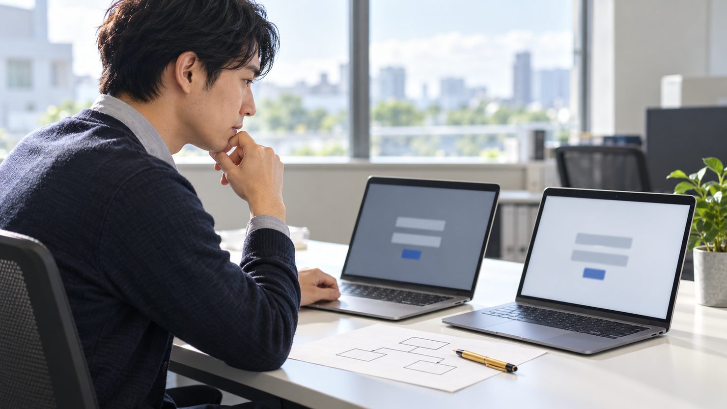 認証の仕組みの移行先の2つの候補を並べて見比べる情報システム担当者