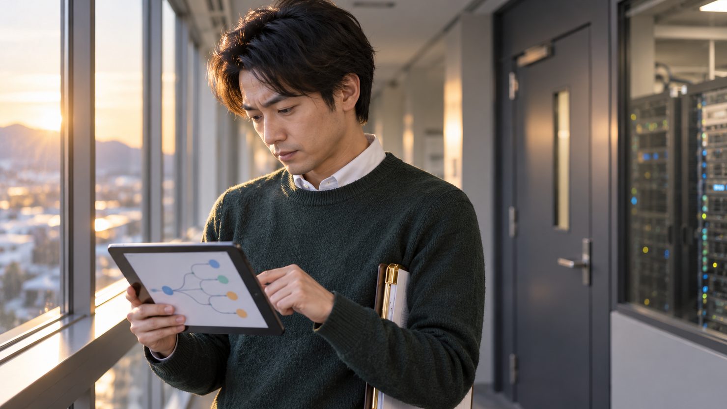 窓ぎわの通路でタブレットに映したソースコード移行の進み具合を見る担当者