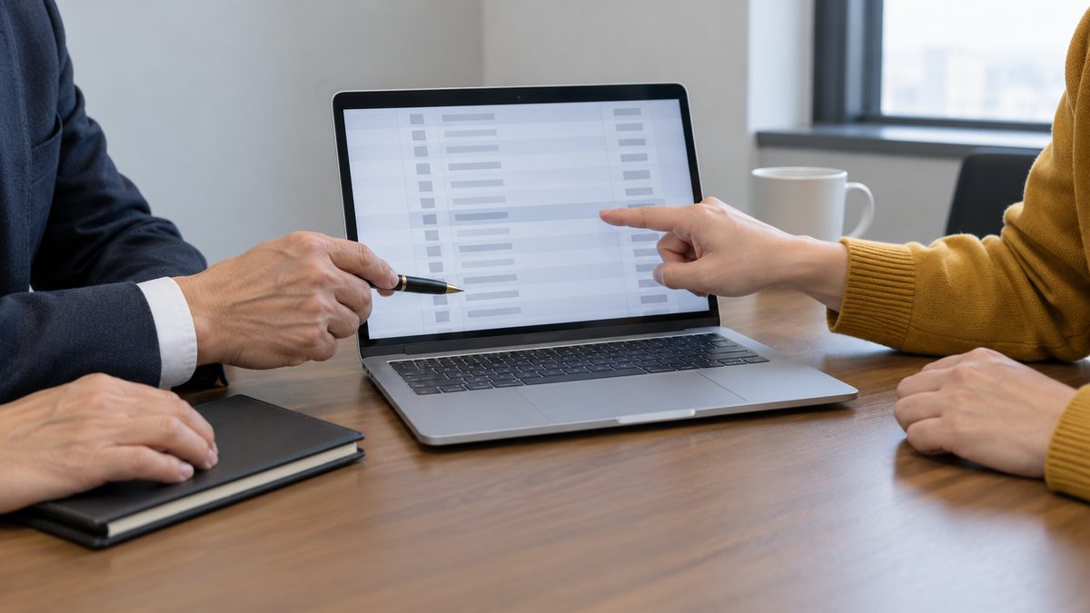 ノートPCの一覧画面をペンと指で示し合う2人の手元