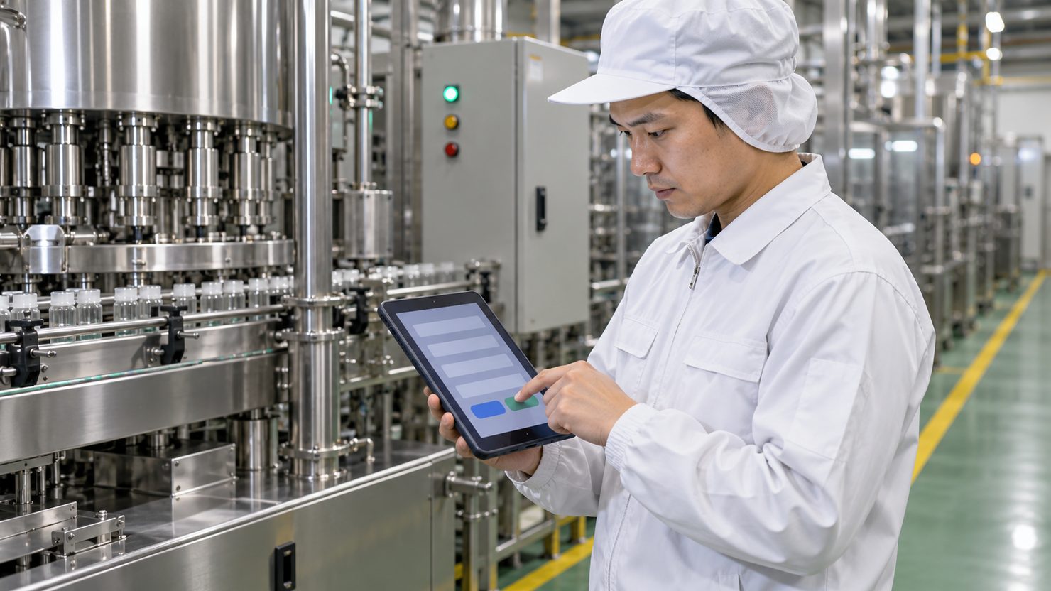 工場のラインの脇でタブレットのアプリに設備の点検結果を入力する技術者