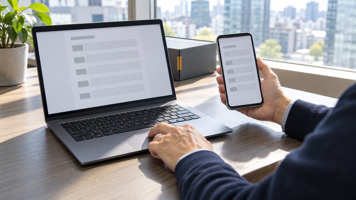 窓際でスマートフォンとノートPCの入力画面を見比べる担当者の手元