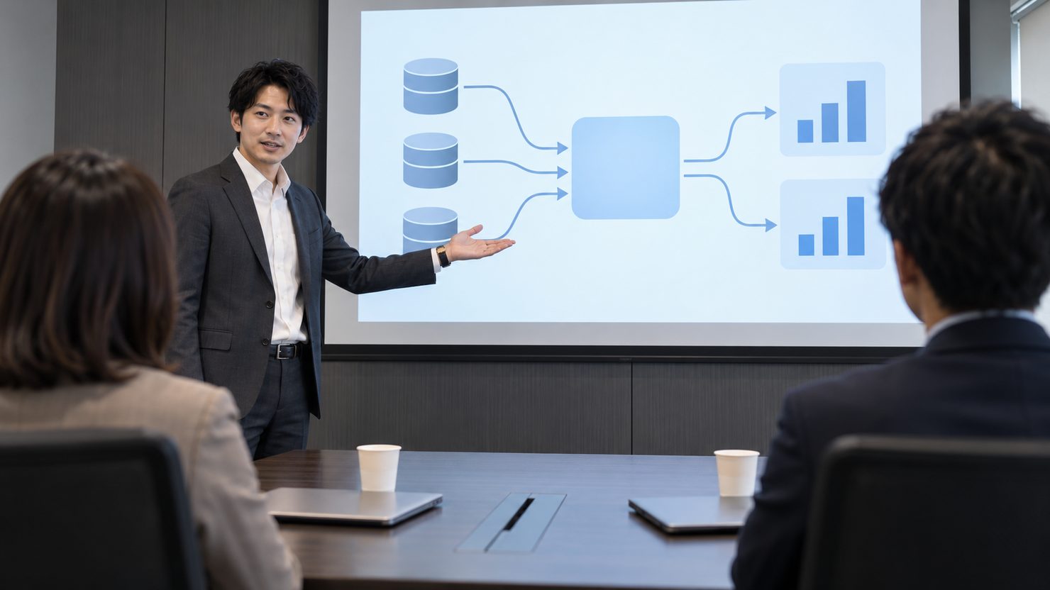 会議室のスクリーンにデータの流れを映し、社内の担当者たちに説明する導入支援の技術者
