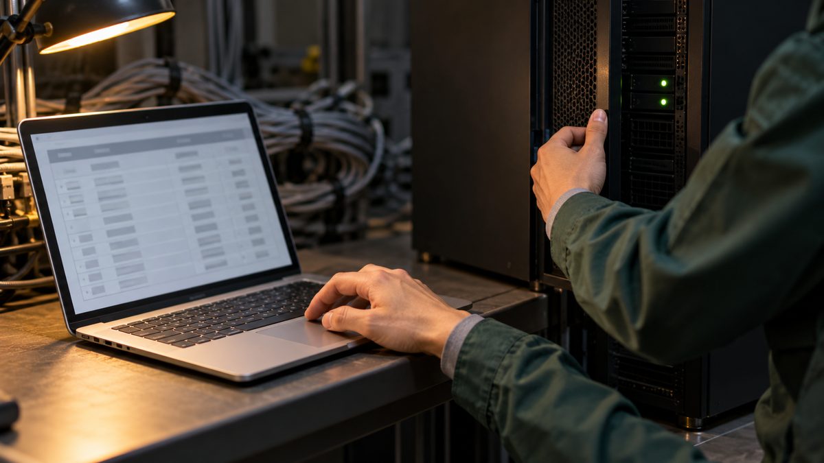 サーバー室の作業台でノートPCを操作しサーバーの扉を押さえる担当者の手元