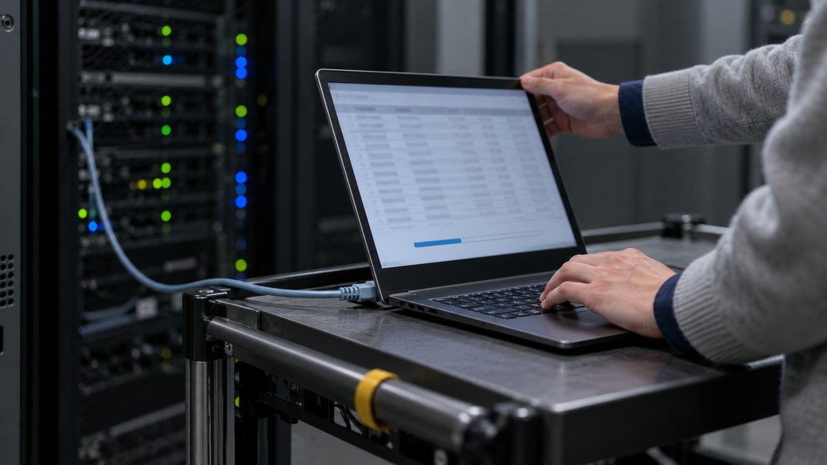 サーバー室の台車の上でノートPCを操作する担当者の手元
