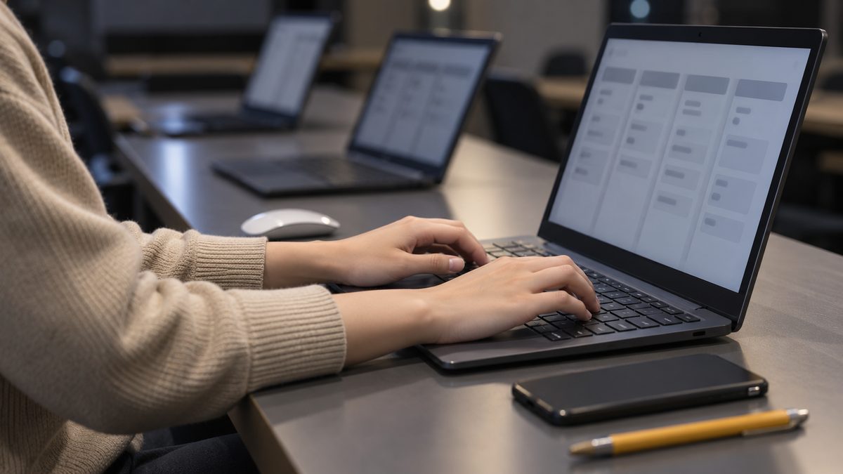 ボード形式の画面を開いたノートPCで入力する担当者の手元