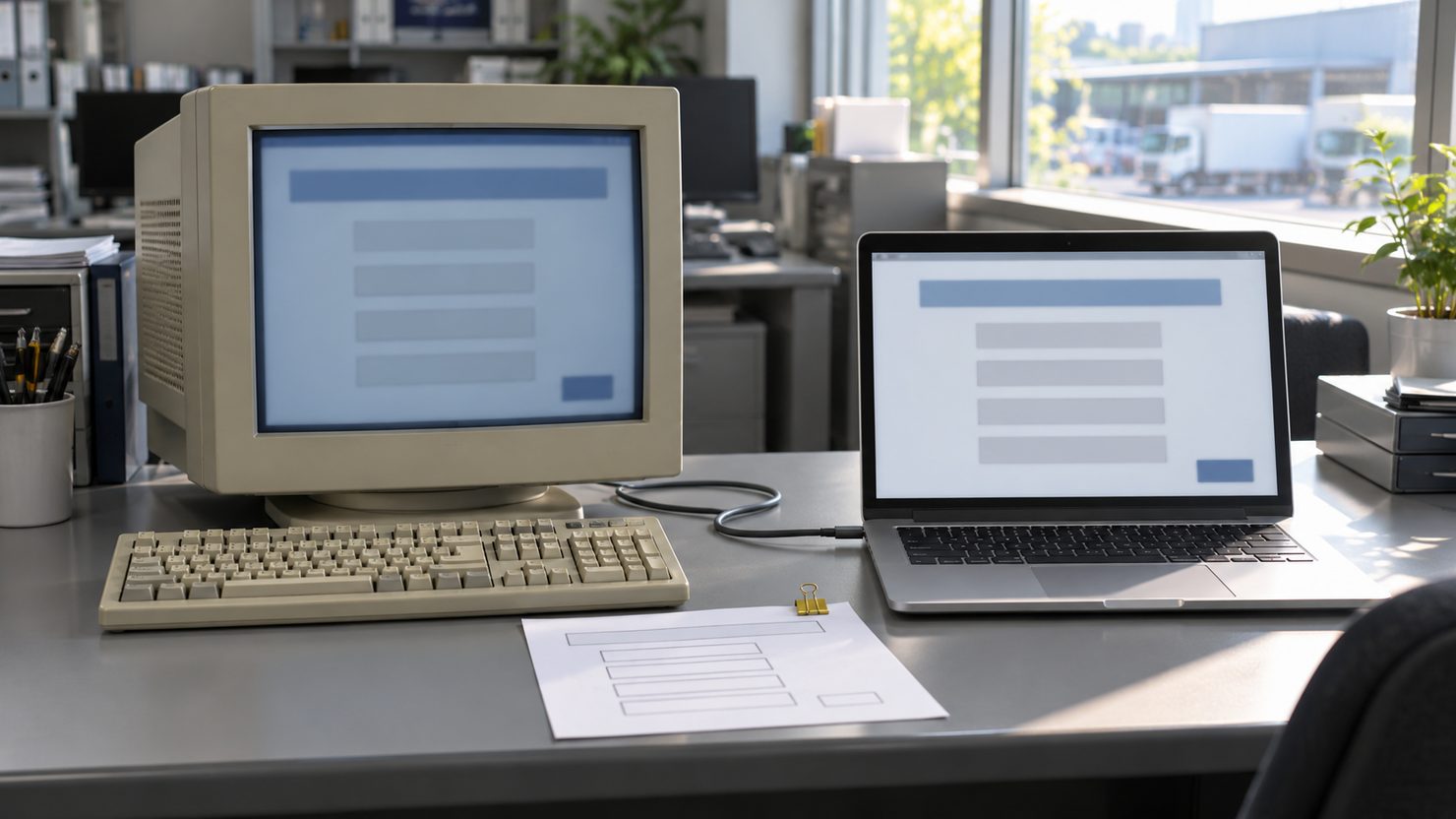 事務机に並ぶ古い箱型モニターと新しいノートPC、同じ業務画面を映した2台の端末