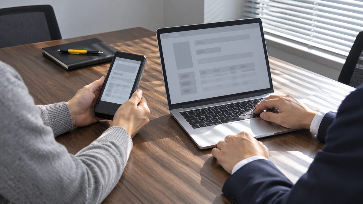 スマートフォンとノートPCの同じ入力画面を見比べる2人の手元