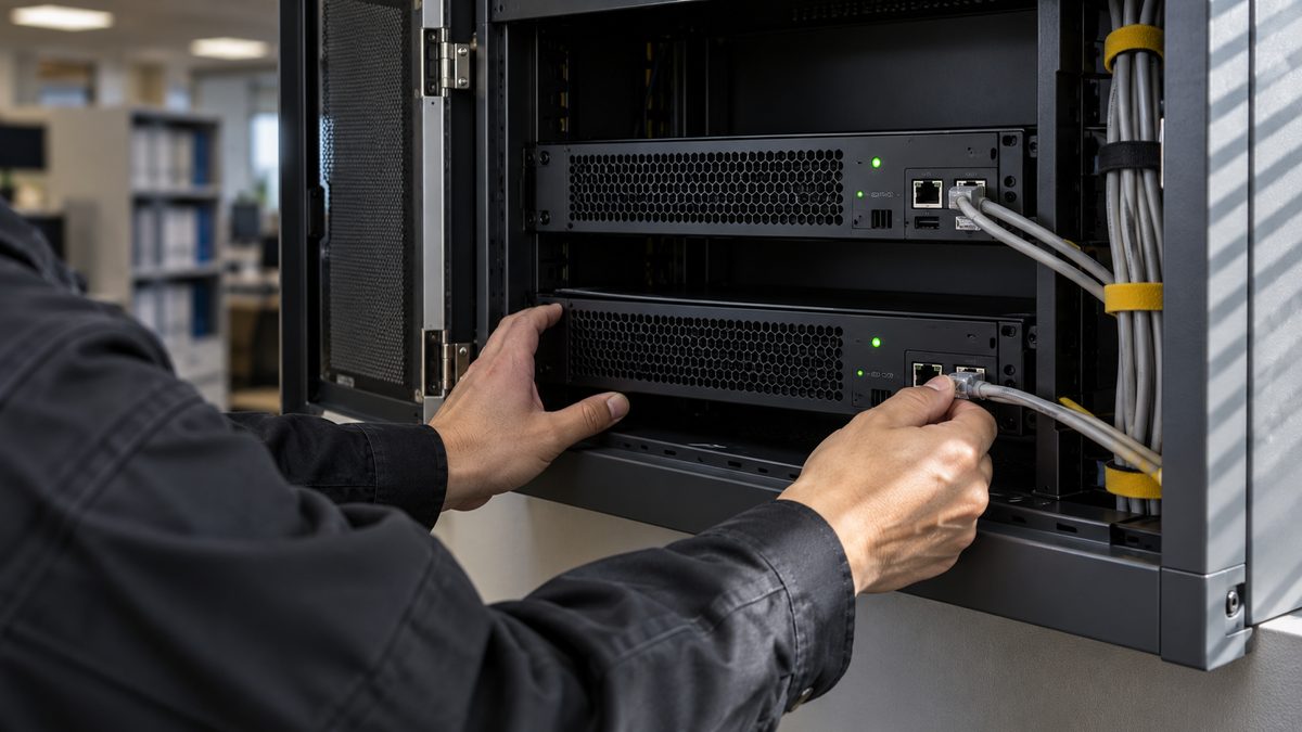 ラックのサーバーにLANケーブルを差し込む技術者の手元