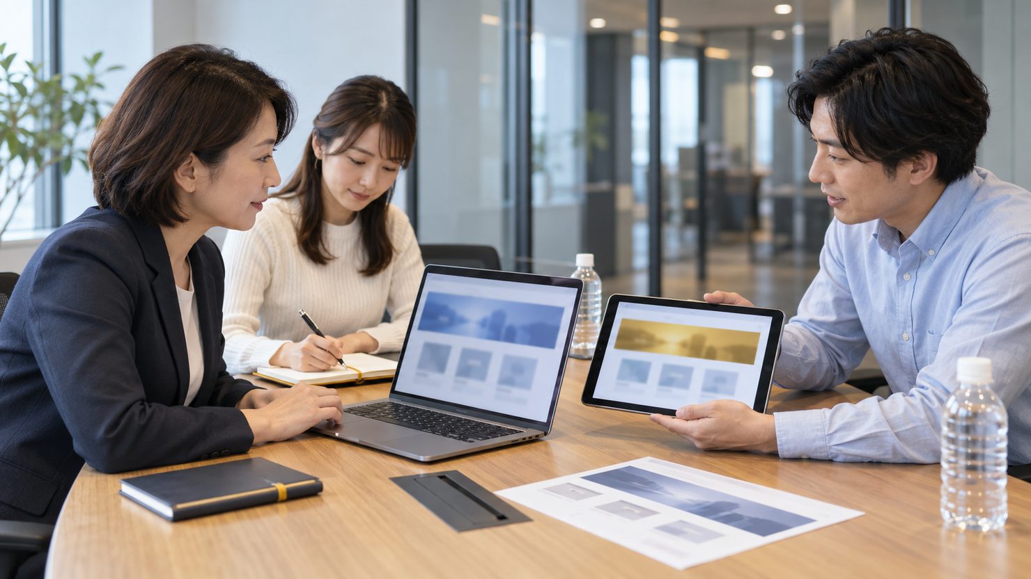 会議室で2つのポータルの画面を見比べて打ち合わせる情報システムと制作の担当者