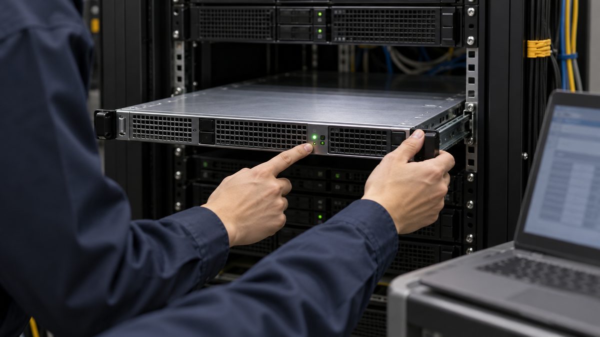 ラックからサーバーを引き出してランプを指で確かめる技術者の手元