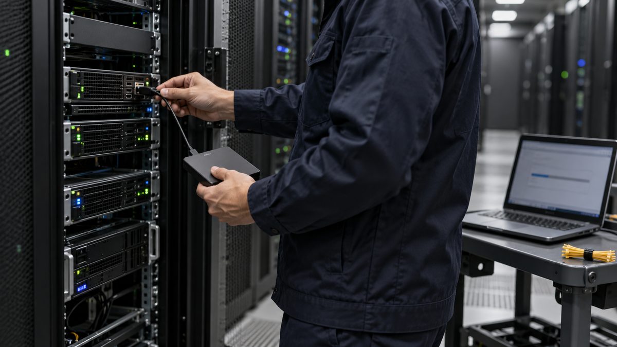 サーバーラックの機器に外付けの記憶装置をつなぐ技術者