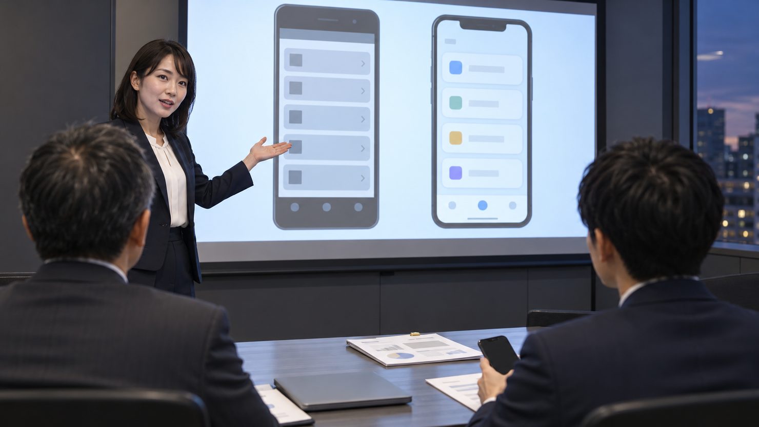 会議室のスクリーンに古い業務アプリと試作の新しいアプリの画面を並べて説明する担当者