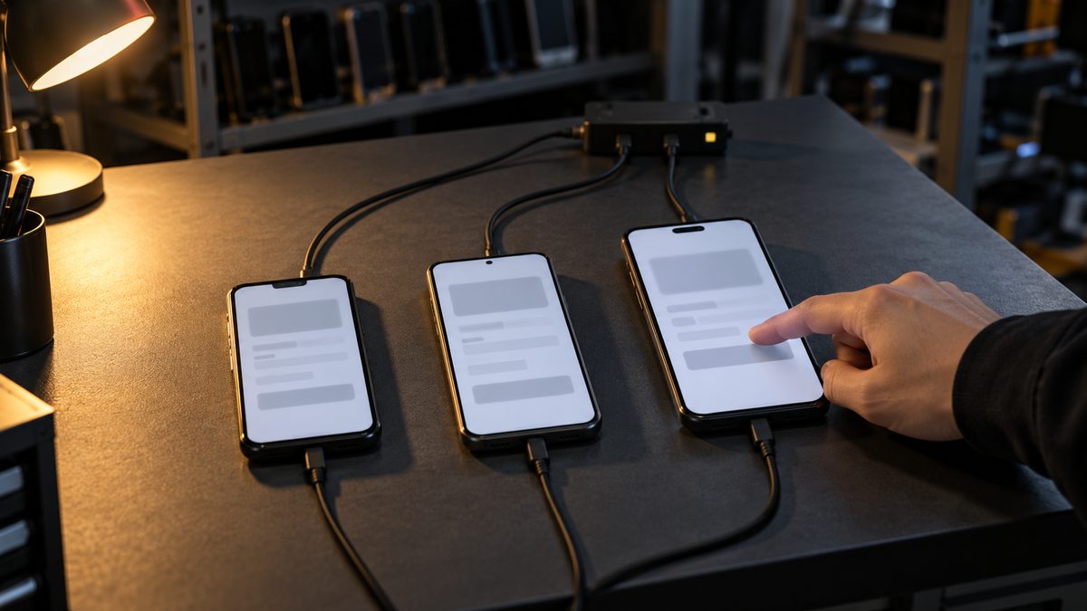 検証機の並んだ机で3台のスマートフォンの画面を指で操作する手元