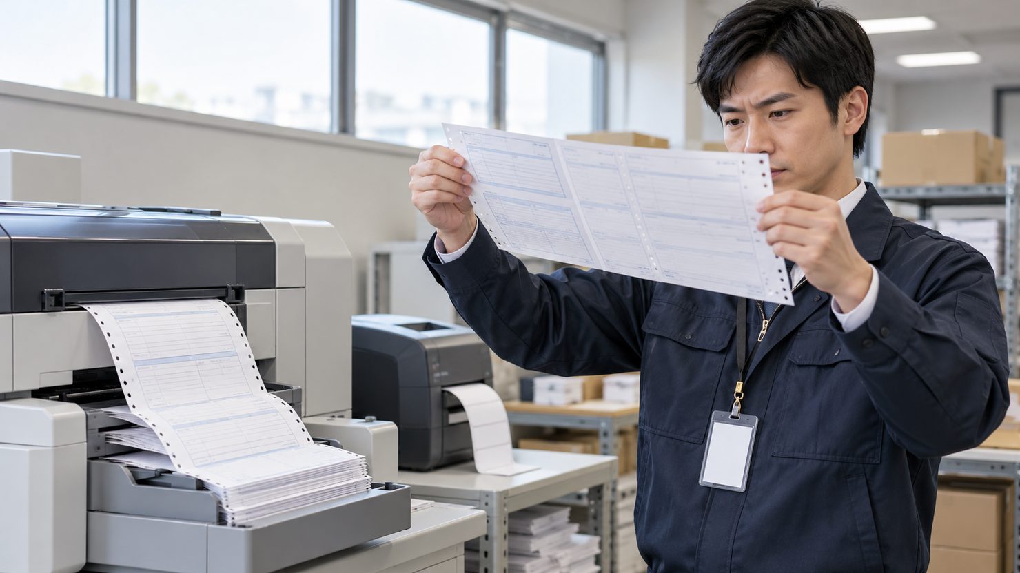 出荷事務所の業務用プリンターの前で刷り上がった伝票の罫線を確かめる情報システムの技術者