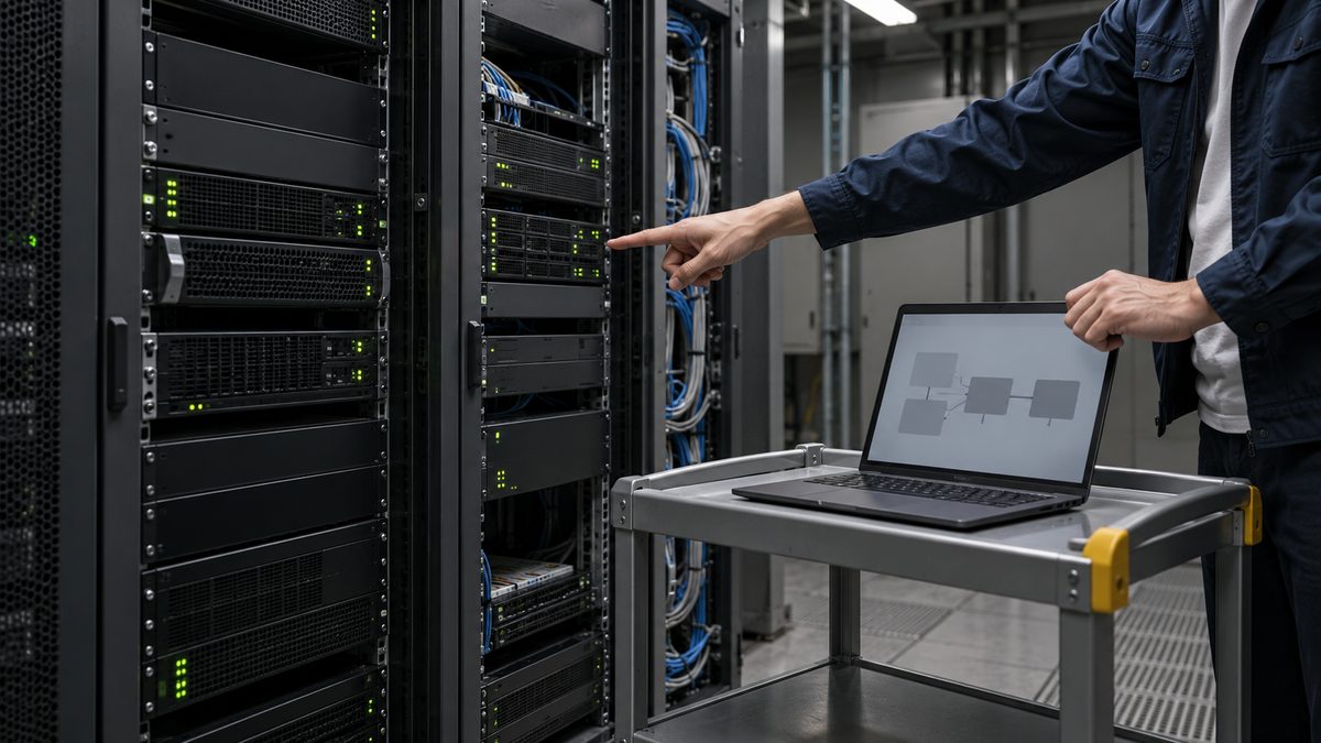 サーバー室でラックの機器を指しながら台車のノートPCに手を添える担当者