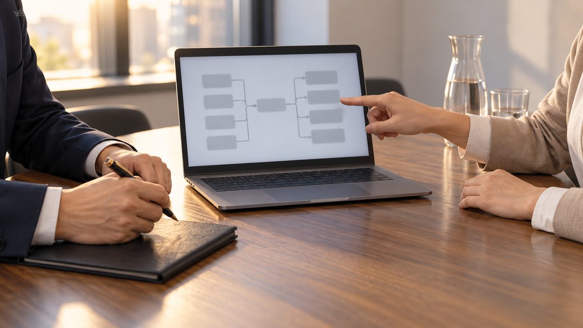 会議室でノートPCの流れ図を指す技術者とメモを取る発注側の手元
