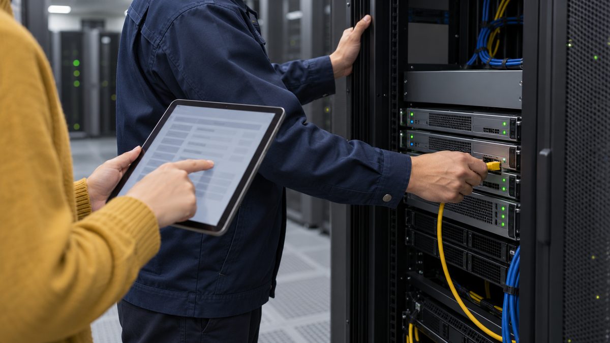 サーバー室でケーブルを差す技術者とタブレットを指す担当者
